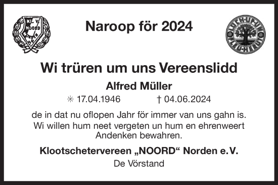 Traueranzeige von Alfred Müller von Ostfriesischer Kurier GmbH