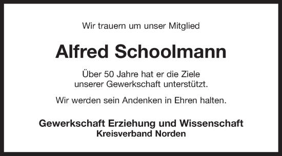 Traueranzeige von Alfred Schoolmann von Ostfriesischer Kurier GmbH