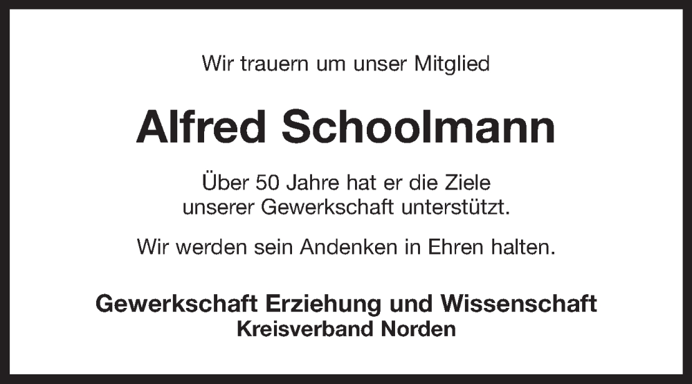  Traueranzeige für Alfred Schoolmann vom 07.12.2024 aus Ostfriesischer Kurier GmbH