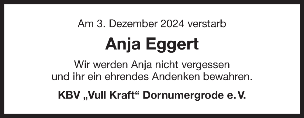  Traueranzeige für Anja Eggert vom 07.12.2024 aus Ostfriesischer Kurier GmbH