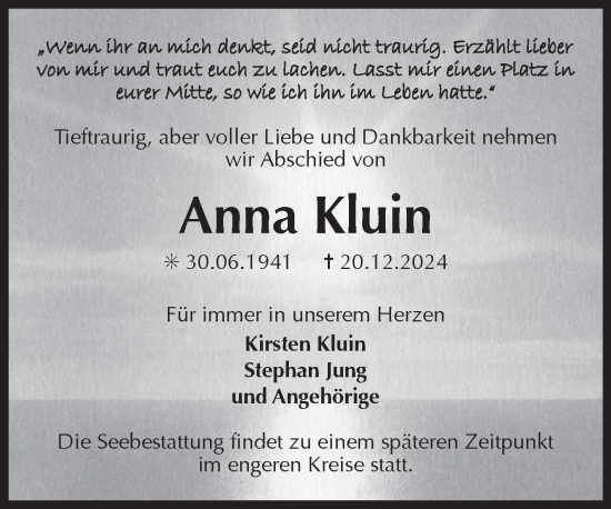 Traueranzeige von Anna Kluin von Ostfriesischer Kurier GmbH