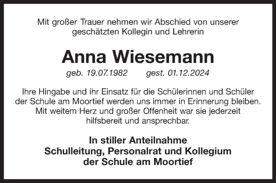Traueranzeige von Anna Wiesemann von Ostfriesischer Kurier GmbH