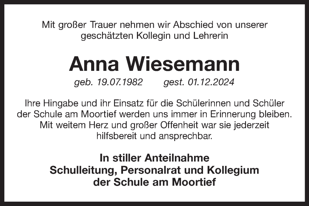  Traueranzeige für Anna Wiesemann vom 21.12.2024 aus Ostfriesischer Kurier GmbH