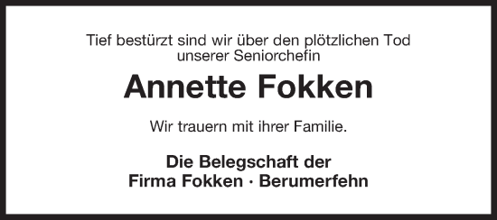 Traueranzeige von Annette Fokken von Ostfriesischer Kurier GmbH
