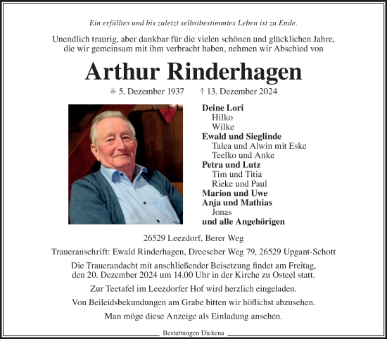 Traueranzeige von Arthur Rinderhagen von Ostfriesischer Kurier GmbH
