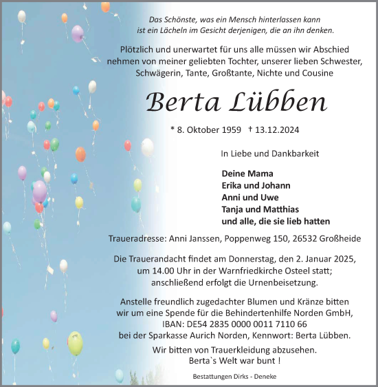 Traueranzeige von Berta Lübben von Ostfriesischer Kurier GmbH