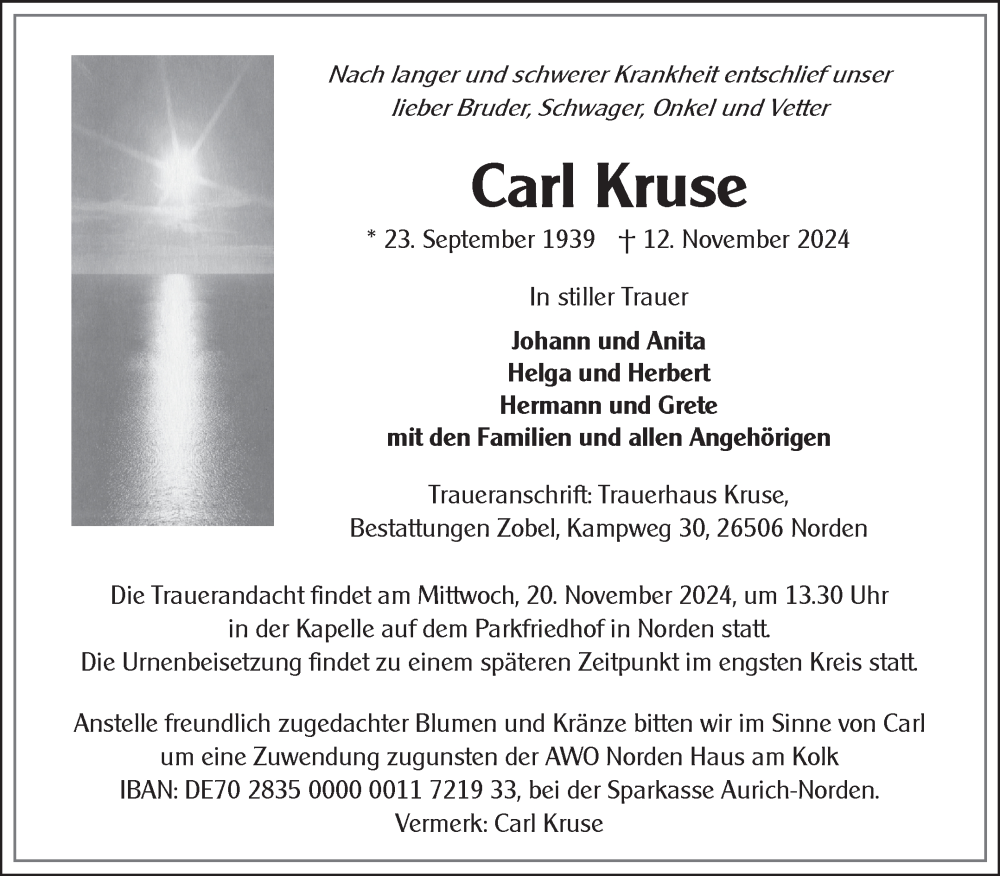  Traueranzeige für Carl Kruse vom 16.11.2024 aus Ostfriesischer Kurier GmbH