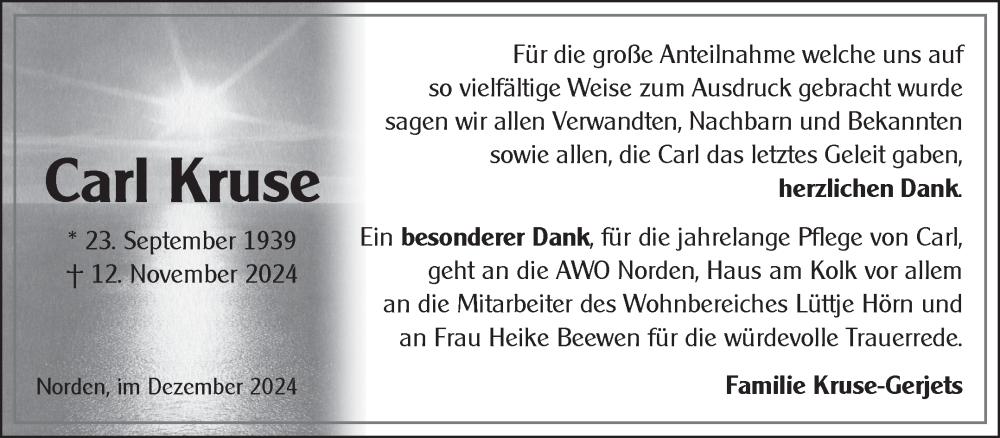  Traueranzeige für Carl Kruse vom 14.12.2024 aus Ostfriesischer Kurier GmbH