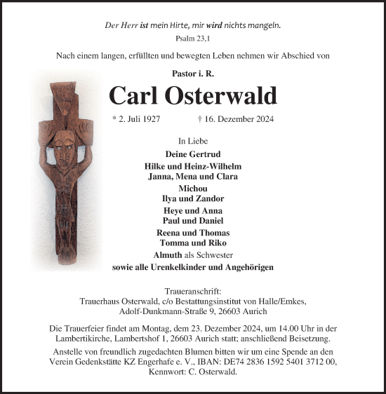 Traueranzeige von Carl Osterwald von Ostfriesischer Kurier GmbH