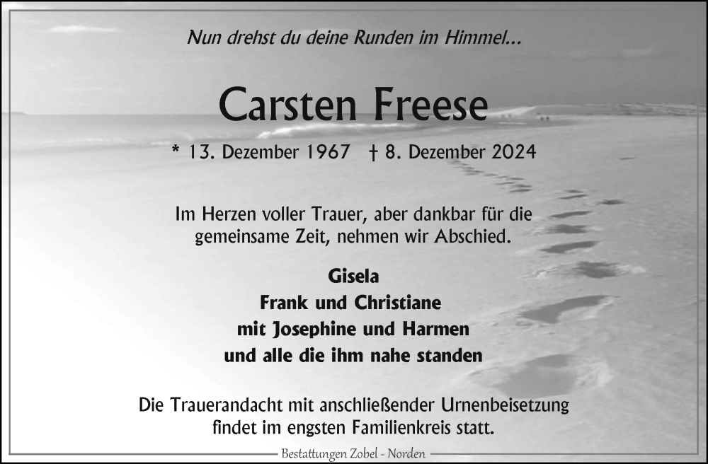  Traueranzeige für Carsten Freese vom 12.11.2024 aus Ostfriesischer Kurier GmbH