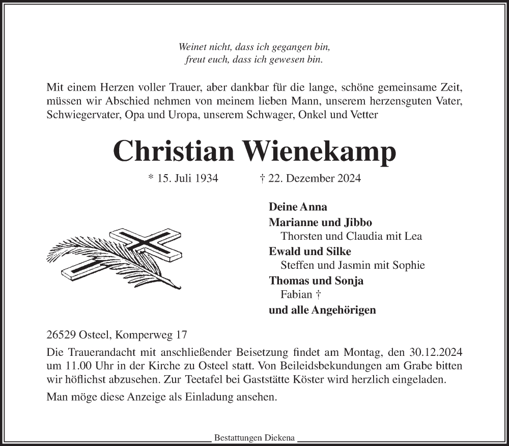  Traueranzeige für Christian Wienekamp vom 24.12.2024 aus Ostfriesischer Kurier GmbH