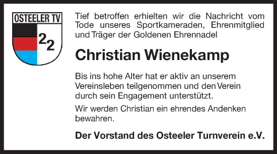 Traueranzeige von Christian Wienekamp von Ostfriesischer Kurier GmbH