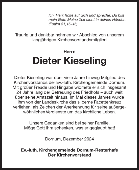 Traueranzeige von Dieter Kieseling von Ostfriesischer Kurier GmbH
