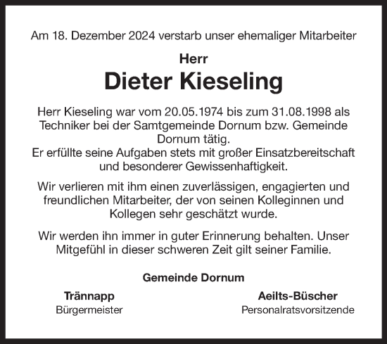 Traueranzeige von Dieter Kieseling von Ostfriesischer Kurier GmbH