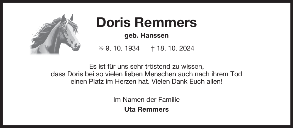  Traueranzeige für Doris Remmers vom 07.12.2024 aus Ostfriesischer Kurier GmbH