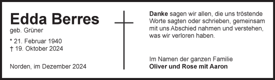 Traueranzeige von Edda Berres von Ostfriesischer Kurier GmbH