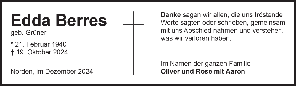  Traueranzeige für Edda Berres vom 21.12.2024 aus Ostfriesischer Kurier GmbH