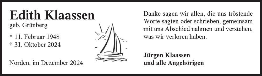  Traueranzeige für Edith Klaassen vom 07.12.2024 aus Ostfriesischer Kurier GmbH