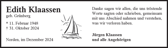 Traueranzeige von Edith Klaassen von Ostfriesischer Kurier GmbH