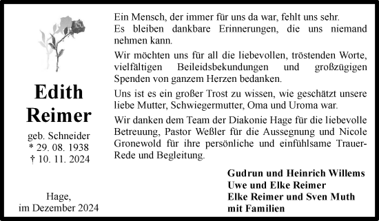 Traueranzeige von Edith Reimer von Ostfriesischer Kurier GmbH