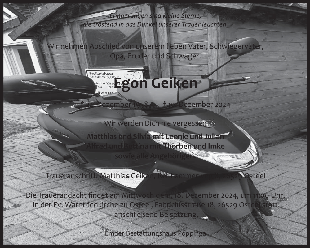  Traueranzeige für Egon Geiken vom 14.12.2024 aus Ostfriesischer Kurier GmbH