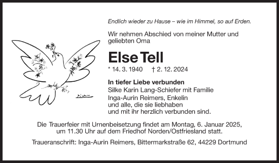 Traueranzeige von Else Tell von Ostfriesischer Kurier GmbH