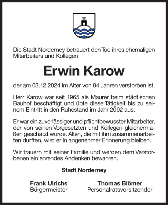Traueranzeige von Erwin Karow von Ostfriesischer Kurier GmbH