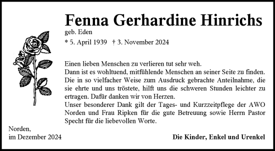 Traueranzeige von Fenna Gerhardine Hinrichs von Ostfriesischer Kurier GmbH