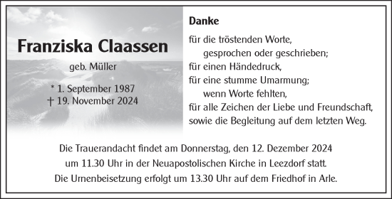 Traueranzeige von Franziska Claassen von Ostfriesischer Kurier GmbH