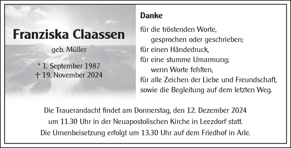  Traueranzeige für Franziska Claassen vom 10.12.2024 aus Ostfriesischer Kurier GmbH