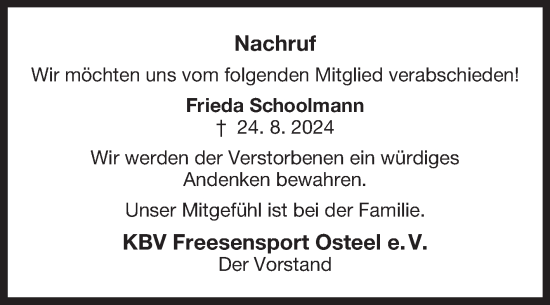 Traueranzeige von Frieda Schoolmann von Ostfriesischer Kurier GmbH