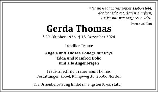 Traueranzeige von Gerda Thomas von Ostfriesischer Kurier GmbH