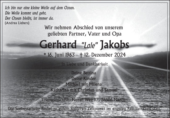 Traueranzeige von Gerhard Jakobs von Ostfriesischer Kurier GmbH