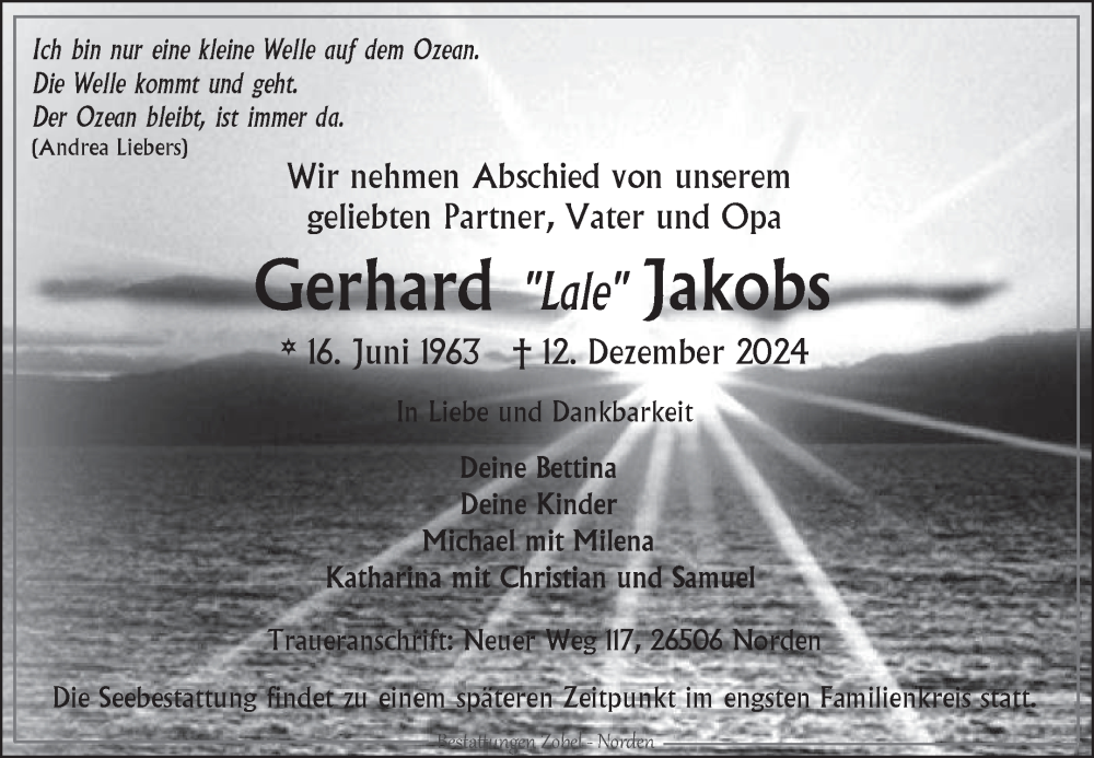  Traueranzeige für Gerhard Jakobs vom 28.12.2024 aus Ostfriesischer Kurier GmbH