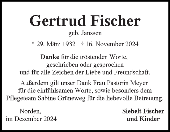 Traueranzeige von Gertrud Fischer von Ostfriesischer Kurier GmbH
