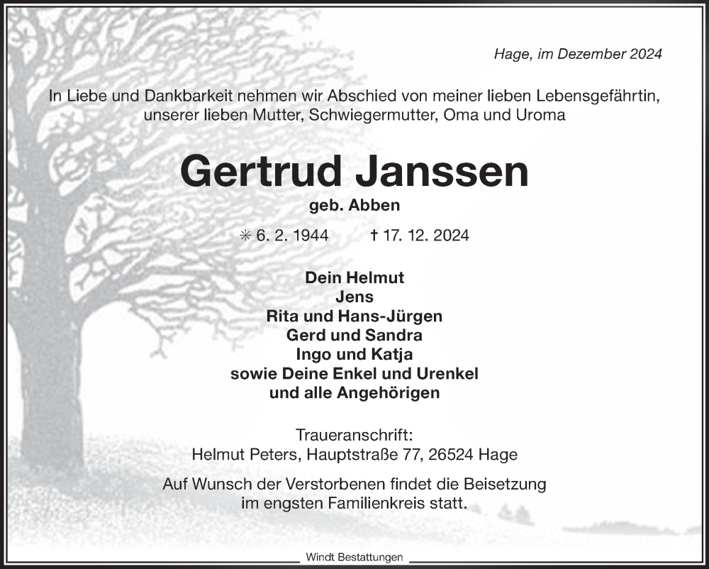  Traueranzeige für Gertrud Janssen vom 21.12.2024 aus Ostfriesischer Kurier GmbH