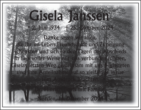 Traueranzeige von Gisela Janssen von Ostfriesischer Kurier GmbH