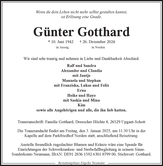 Traueranzeige von Günter Gotthard von Ostfriesischer Kurier GmbH