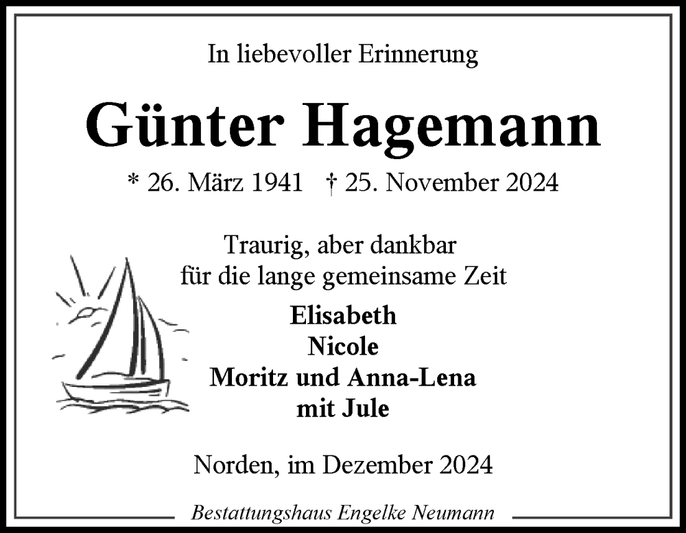  Traueranzeige für Günter Hagemann vom 21.12.2024 aus Ostfriesischer Kurier GmbH