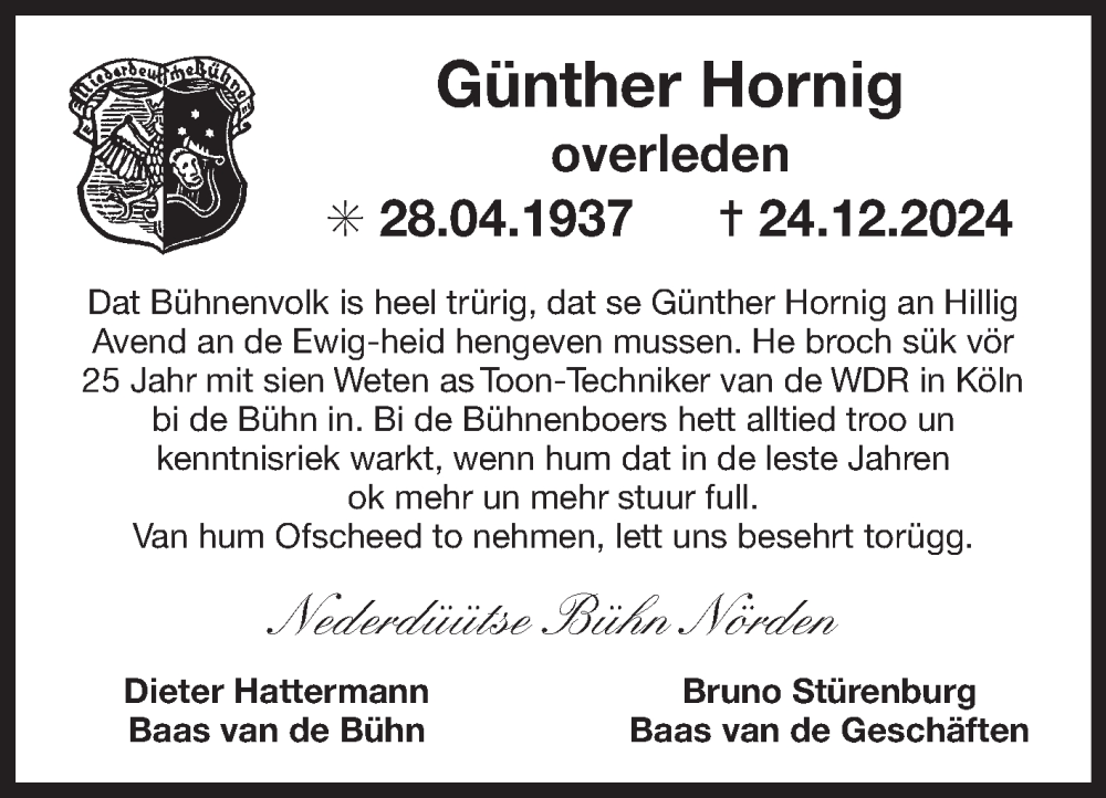  Traueranzeige für Günther Hornig vom 28.12.2024 aus Ostfriesischer Kurier GmbH