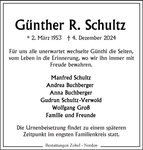 Traueranzeige von Günther Schultz von Ostfriesischer Kurier GmbH