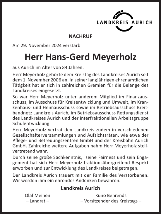 Traueranzeige von Hans-Gerd Meyerholz von Ostfriesischer Kurier GmbH