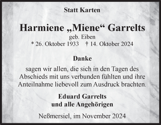 Traueranzeige von Harmiene Garrelts von Ostfriesischer Kurier GmbH