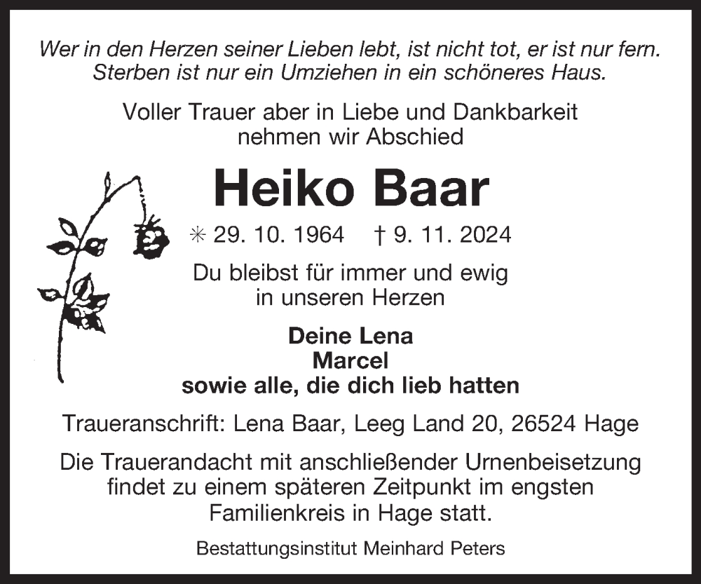 Traueranzeige für Heiko Baar vom 16.11.2024 aus Ostfriesischer Kurier GmbH