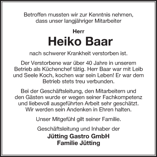 Traueranzeige von Heiko Baar von Ostfriesischer Kurier GmbH