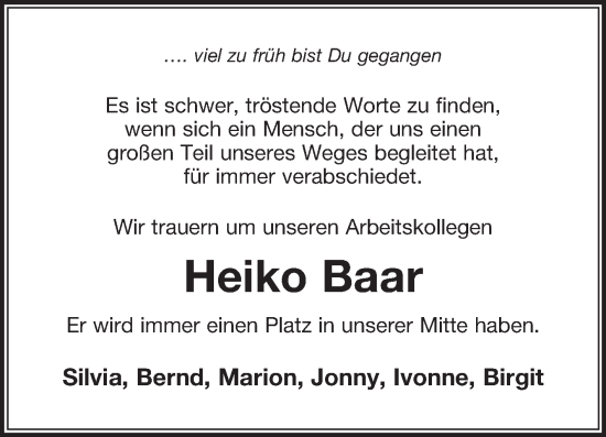 Traueranzeige von Heiko Baar von Ostfriesischer Kurier GmbH