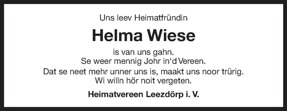  Traueranzeige für Helma Wiese vom 03.12.2024 aus Ostfriesischer Kurier GmbH