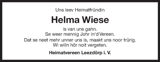 Traueranzeige von Helma Wiese von Ostfriesischer Kurier GmbH