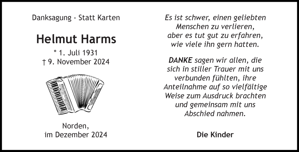  Traueranzeige für Helmut Harms vom 14.12.2024 aus Ostfriesischer Kurier GmbH
