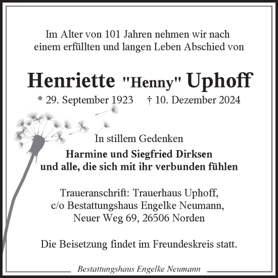 Traueranzeige von Henriette  Uphoff von Ostfriesischer Kurier GmbH